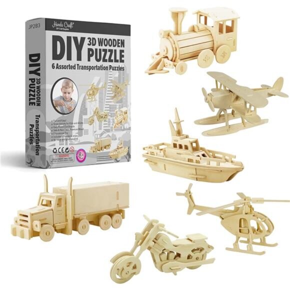 Hands Craft DIY 3D Wooden Puzzle – 6 Assorted Transportation Bundle Pack Set - Picture 1 of 16